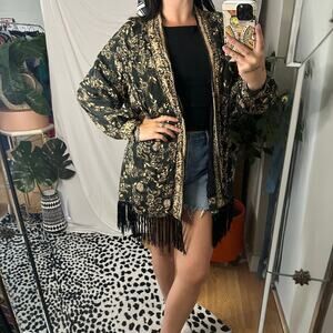 Free People Kaelin Floral Print Embroidered Kimono Jacket Black Gold Size XS